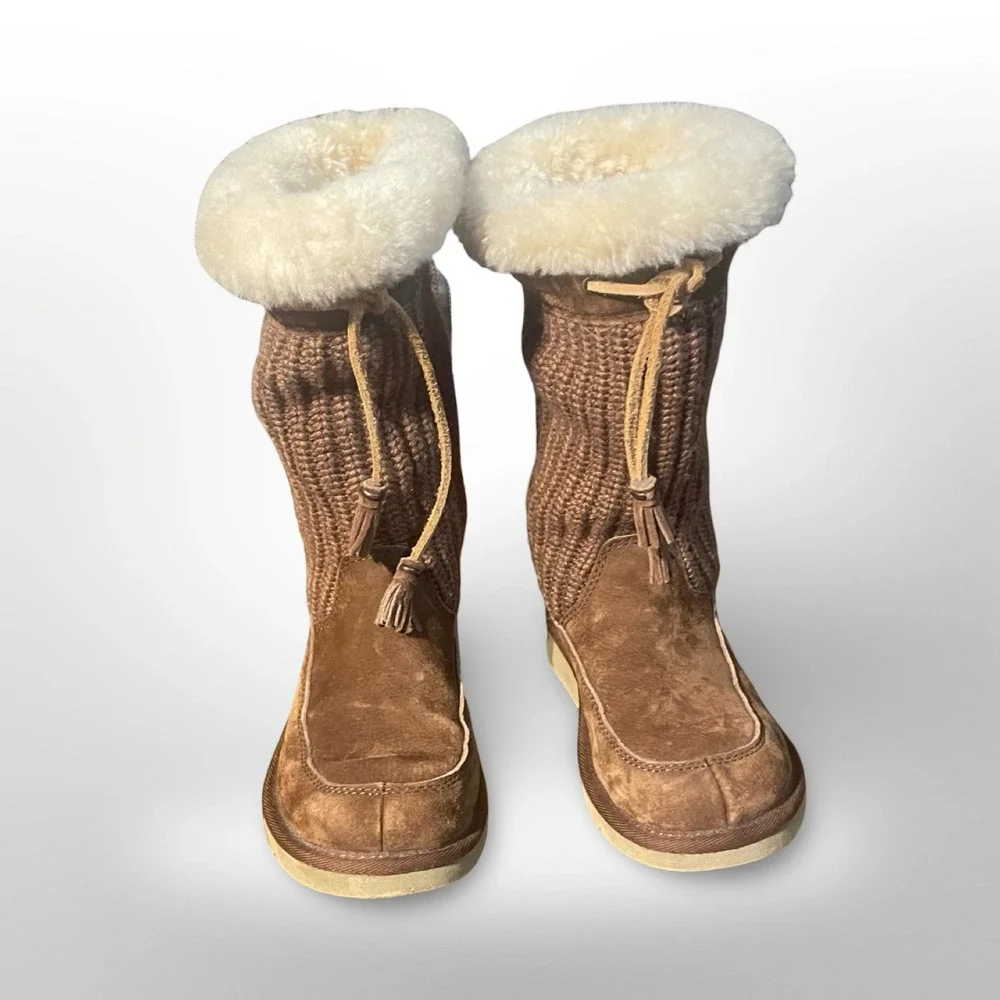 UGG Australia Knit Tall Boots‎ Brown Suede Leather Shearling Winter Warm